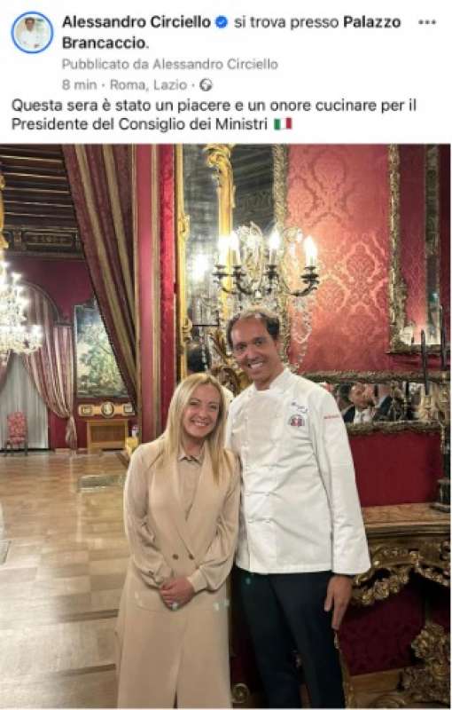 il post dello chef alessandro circiello con giorgia meloni a palazzo brancaccio