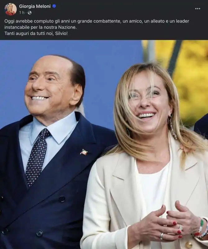 IL POST FACEBOOK DI GIORGIA MELONI PER IL COMPLEANNO DI SILVIO BERLUSCONI - 29 SETTEMBRE 2023