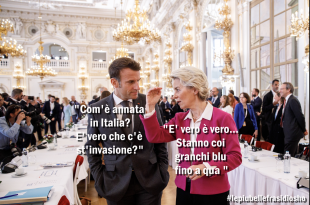 invasione di migranti - granchi blu - emmanuel macron ursula von der leyen - vignetta by osho