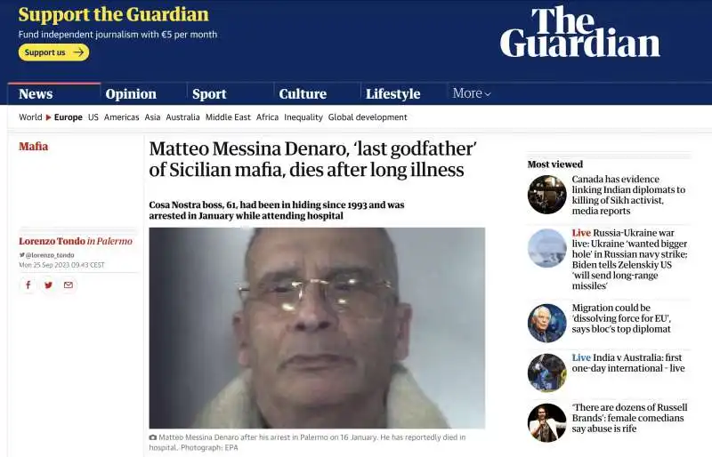 la morte di matteo messina denaro sul sito del guardian 