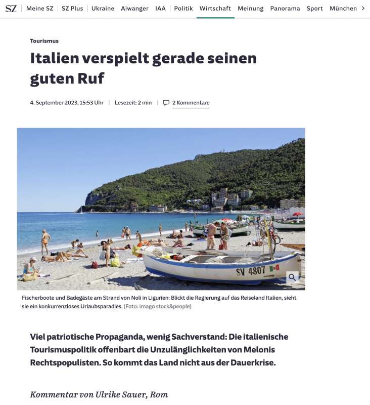 LA SUDDEUTSCHE ZEITUNG CONTRO LE POLITICHE PER IL TURISMO DEL GOVERNO MELONI