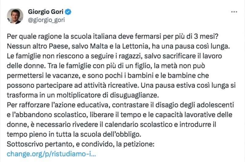 tweet di giorgio gori sulle vacanze estive della scuola