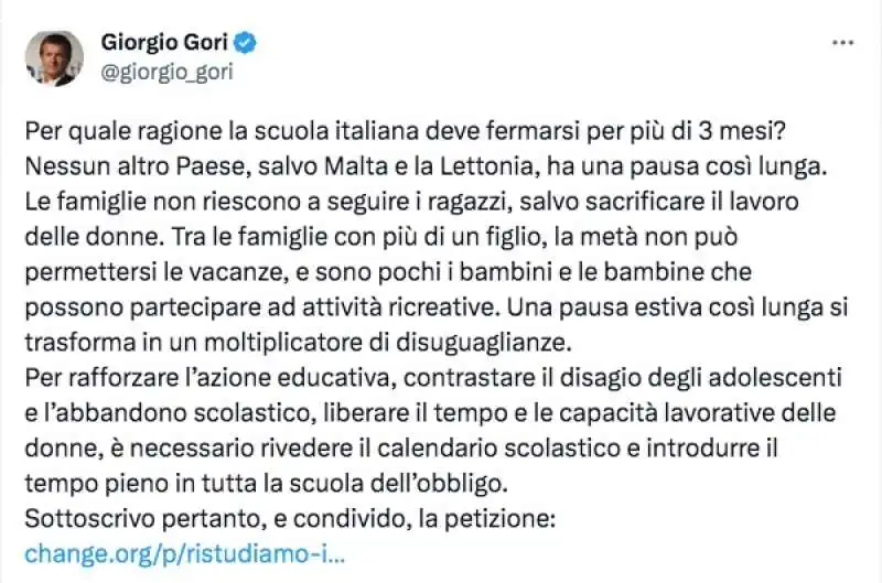 tweet di giorgio gori sulle vacanze estive della scuola