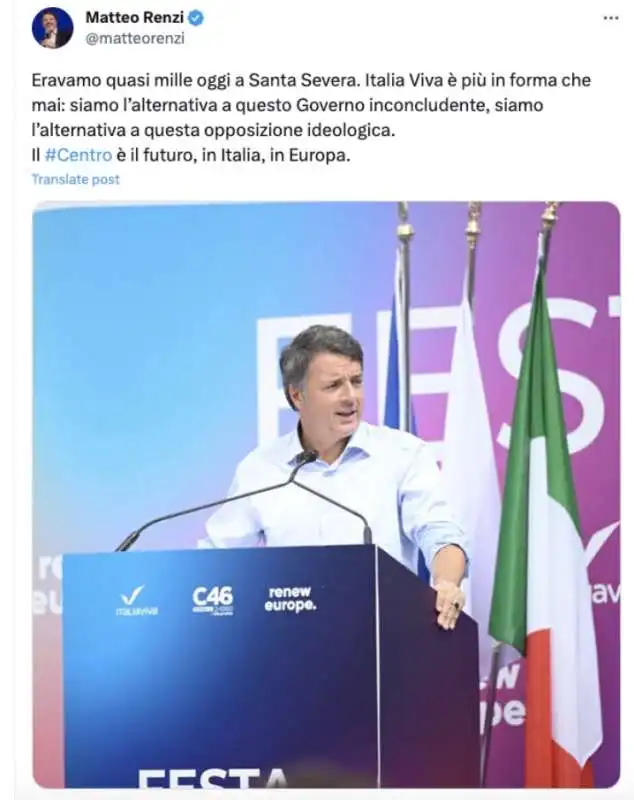 TWEET DI MATTEO RENZI SULLA FESTA DI ITALIA VIVA A SANTA SEVERA