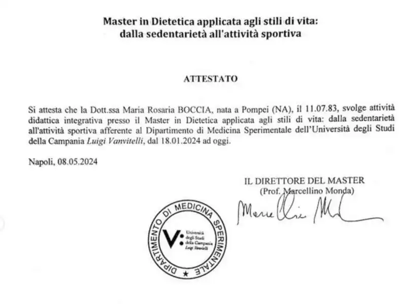 ATTESTATO DI DOCENZA DI MARIA ROSARIA BOCCIA ALL'Università degli Studi della Campania Luigi Vanvitelli