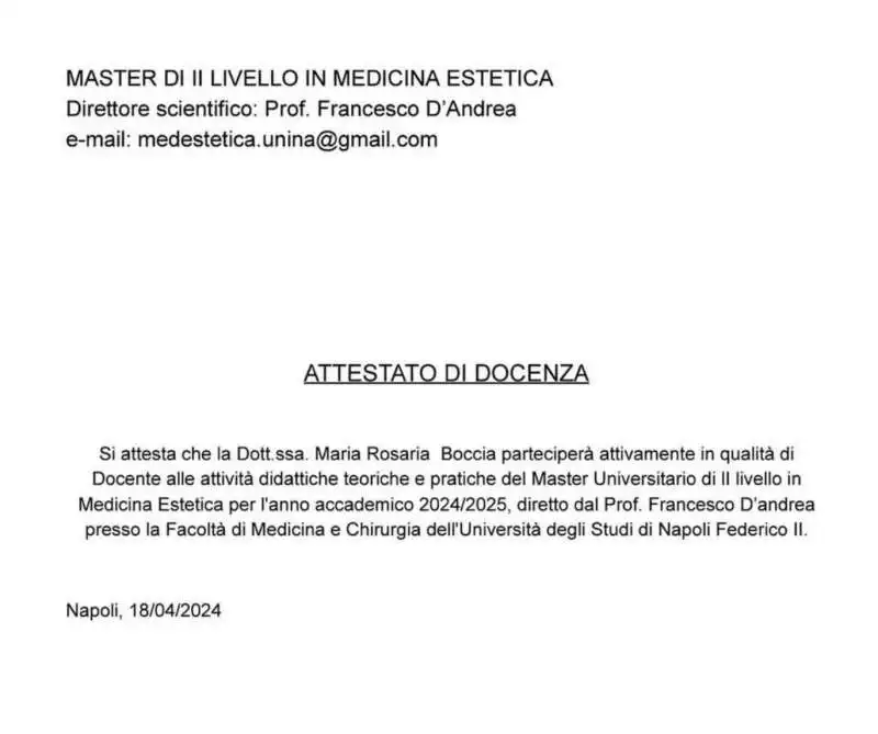 ATTESTATO DI DOCENZA DI MARIA ROSARIA BOCCIA ALLA FEDERICO II DI NAPOLI