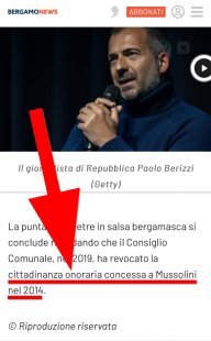 Bergamo News, cittadinanza onoraria a Mussolini