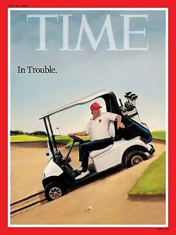 COPERTINA DI TIME MAGAZINE CON DONALD TRUMP SU GOLF CART 