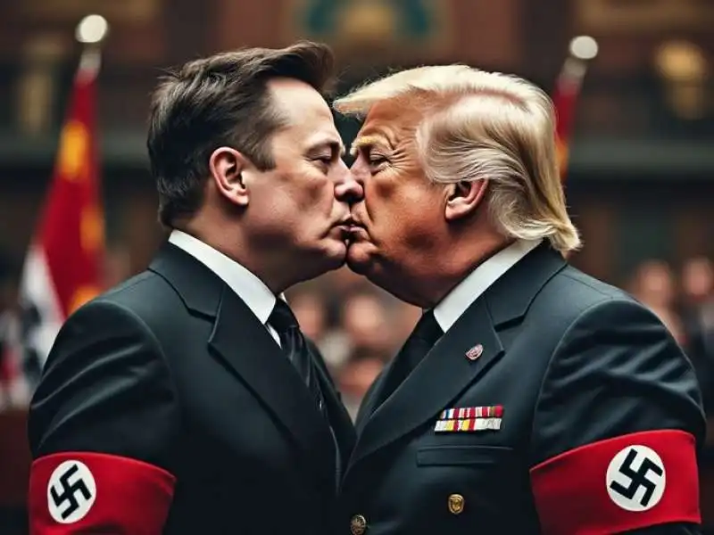 elon musk e donald trump vestiti da nazisti che si baciano - foto creata con l'intelligenza artificiale 