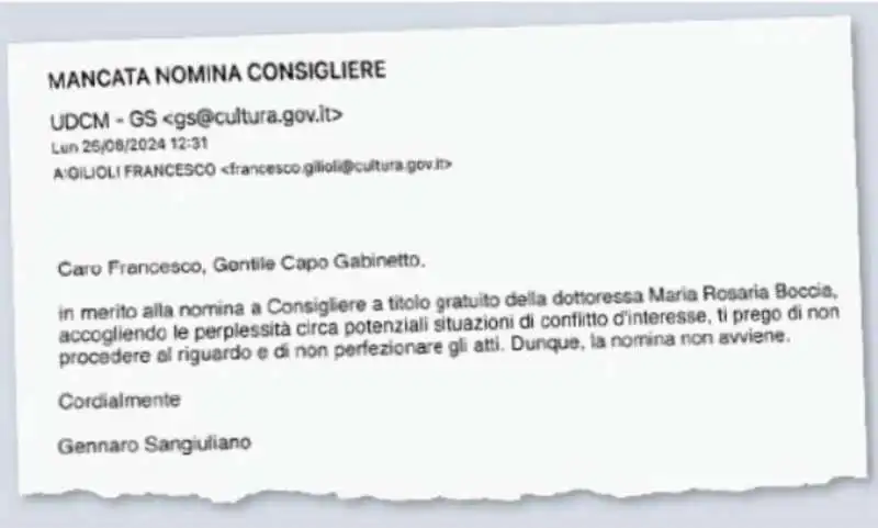 LA MAIL CON CUI GENNARO SANGIULIANO HA BLOCCATO LA NOMINA DI MARIA ROSARIA BOCCIA