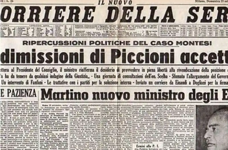 La prima pagina del Corriere con la notizia delle dimissioni di attilio Piccioni

