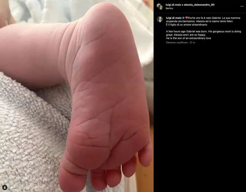 LUIGI DI MAIO ANNUNCIA SU INSTAGRAM LA NASCITA DEL FIGLIO GABRIEL 