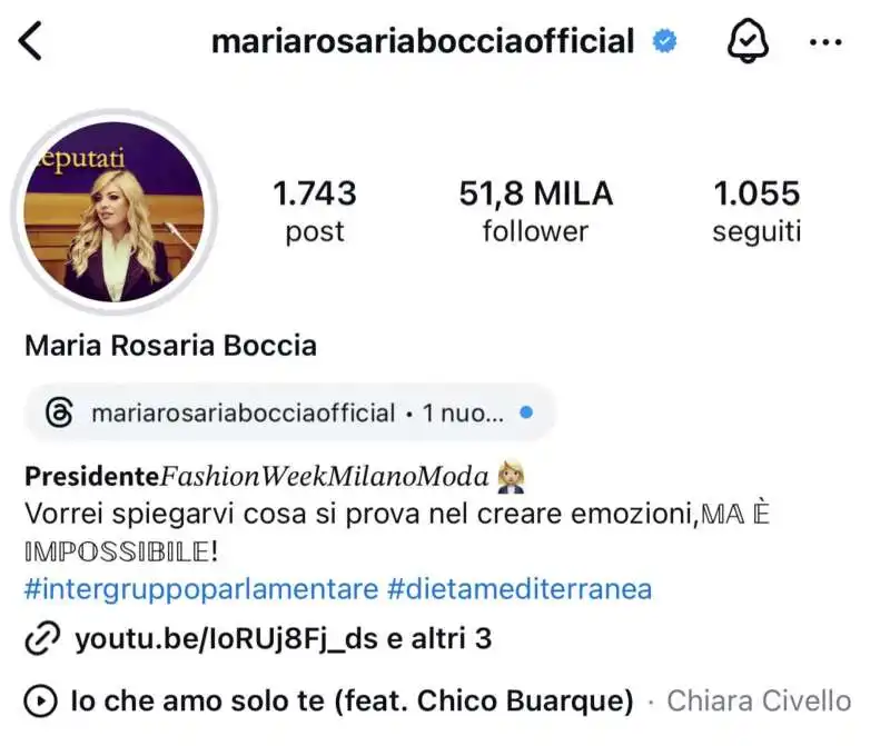 MARIA ROSARIA BOCCIA AGGIUNGE LA CANZONE IO CHE AMO SOLO TE SUL PROFILO INSTAGRAM