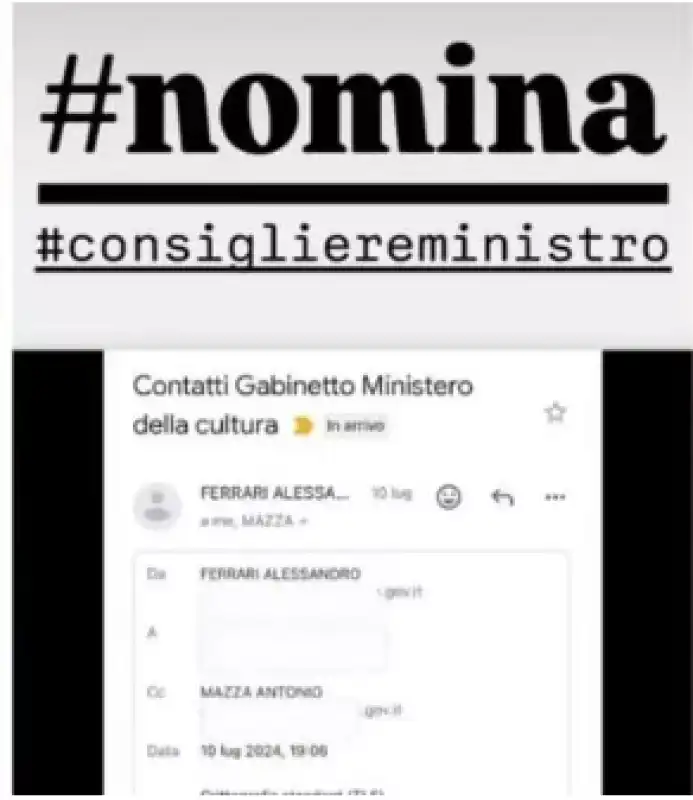 maria rosaria boccia pubblica LA MAIL DEL MINISTERO PER LA SUA NOMINA A CONSIGLIERA PER I GRANDI EVENTI 