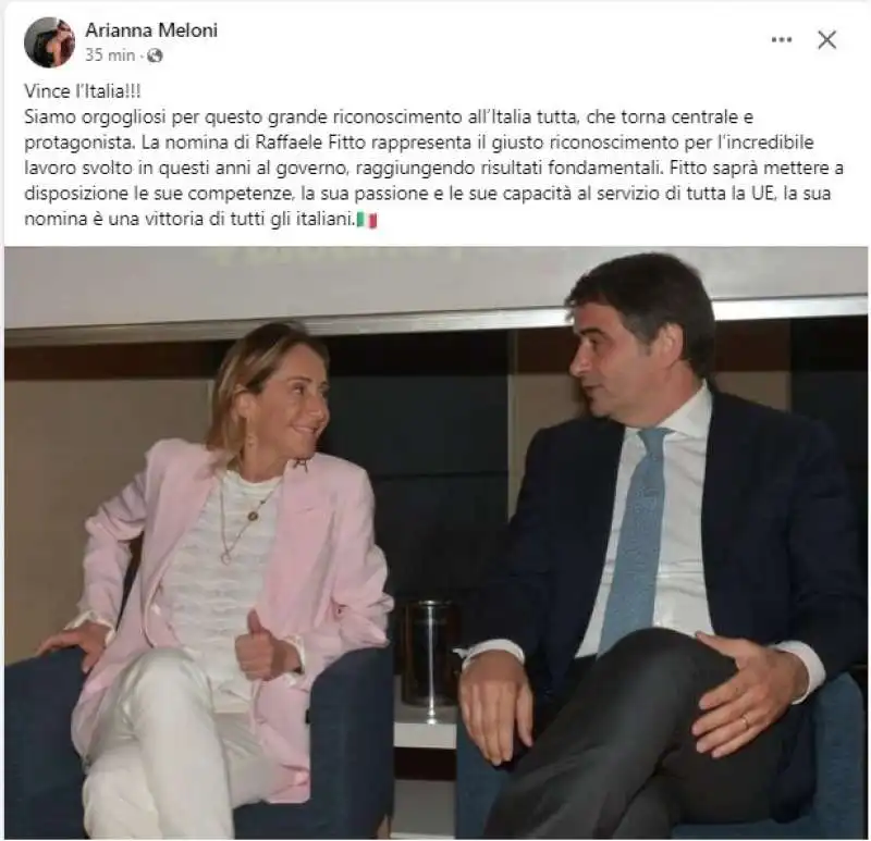 POST DI ARIANNA MELONI SULLA NOMINA DI RAFFAELE FITTO A VICEPRESIDENTE DELLA COMMISSIONE UE