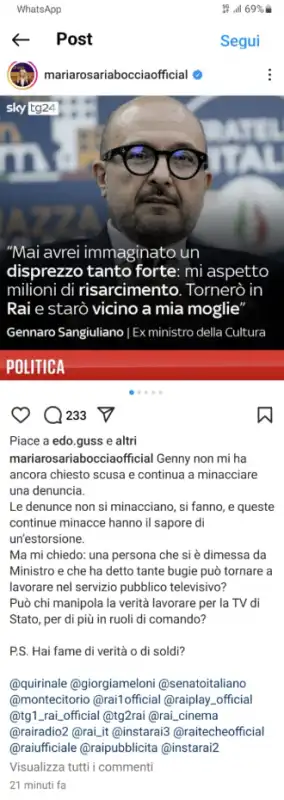 post di maria rosaria boccia contro gennaro sangiuliano