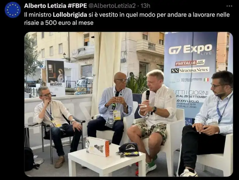 tweet su francesco lollobrigida in bermuda militari all evento sul g7 sull agricoltura  