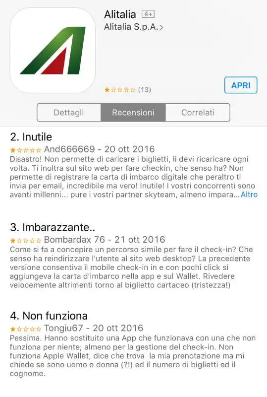 alitalia commenti sull app itunes