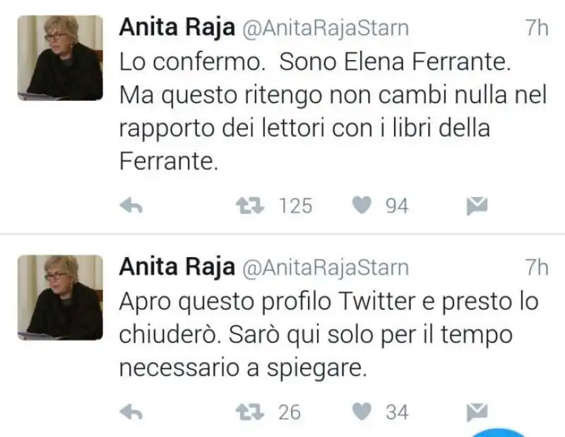 una falsa anita raja su twitter sul caso elena ferrante  