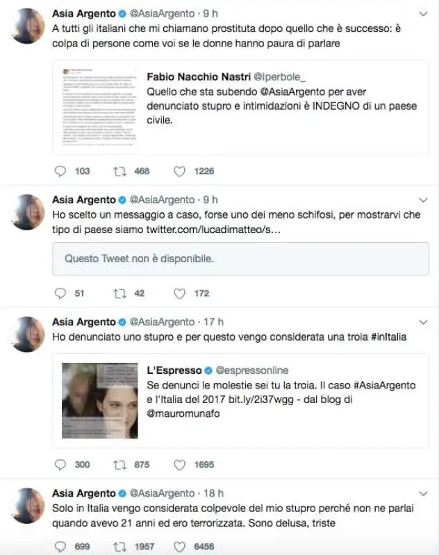 I TWEET DI ASIA ARGENTO SUL CASO WEINSTEIN