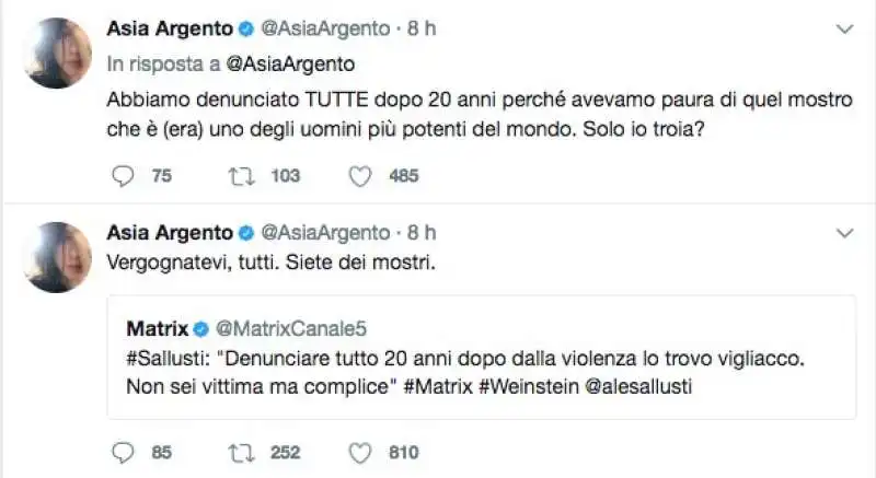 I TWEET DI ASIA ARGENTO SUL CASO WEINSTEIN