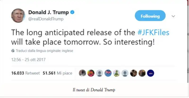 TWEET DI TRUMP SUI JFK FILES