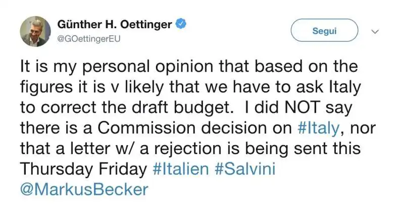 IL TWEET DI OETTINGER SULLA MANOVRA ITALIANA