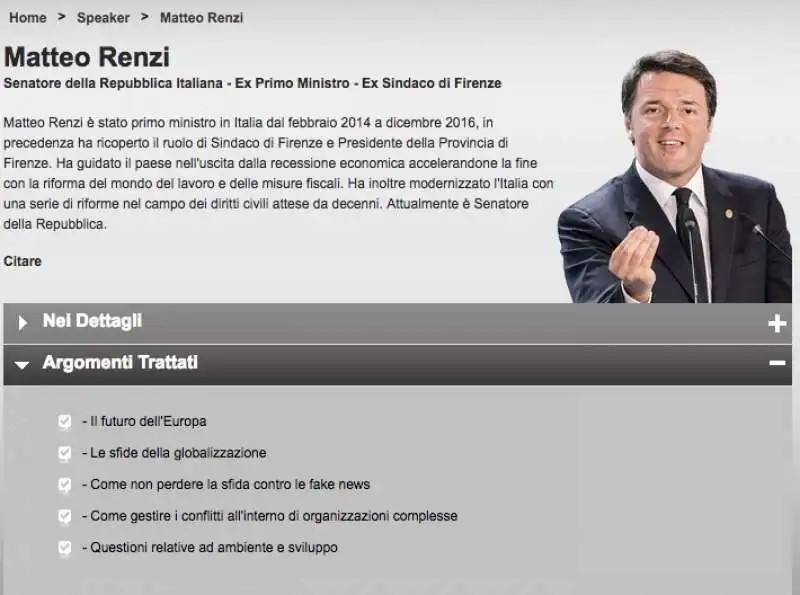 LA SCHEDA DI MATTEO RENZI SUL SITO DI CELEBRITY SPEAKERS ASSOCIATES