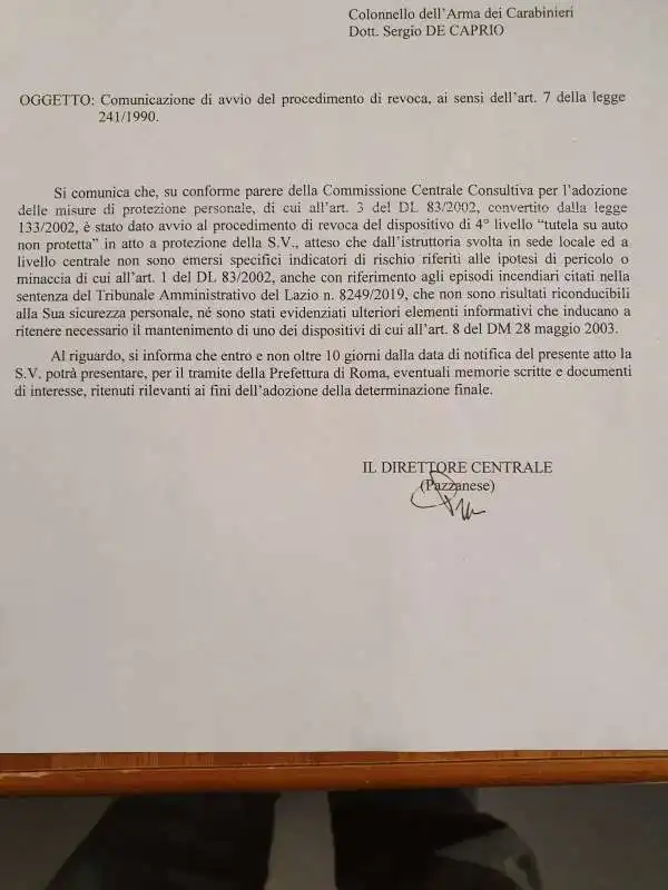 AVVIO DI REVOCA DELLA SCORTA A CAPITANO ULTIMO