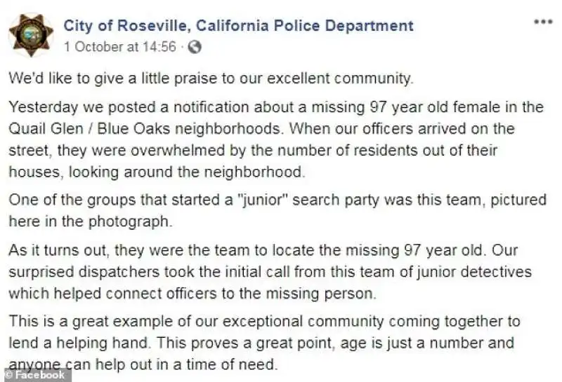 il post della polizia di roseville che ringrazia i quattro ragazzini   detective di roseville che hanno rintracciato glenneta belford