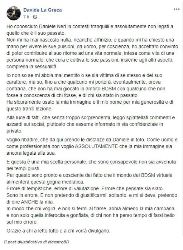 IL POST SU FACEBOOK DI DANIELE LA GRECA - MAESTROBD