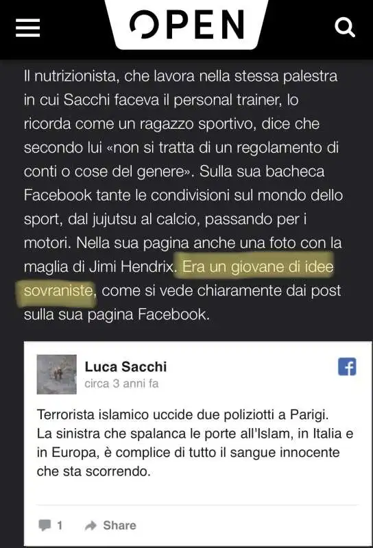 l articolo di open su  luca sacchi