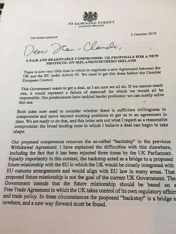 LA LETTERA DI BORIS JOHNSON A BRUXELLES