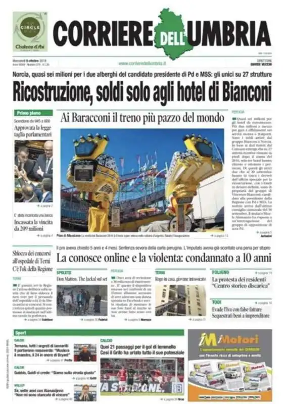 prima pagina del corriere dell'umbria sui soldi a vincenzo bianconi