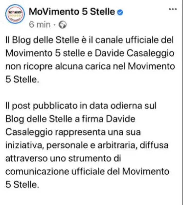 POST DEL MOVIMENTO 5 STELLE CONTRO CASALEGGIO