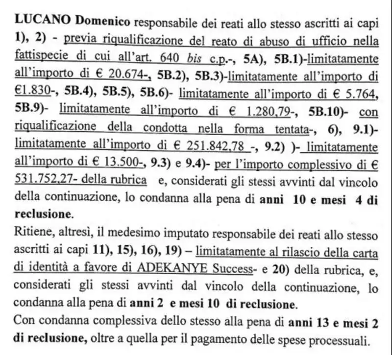 IL DISPOSITIVO DELLA SENTENZA SU MIMMO LUCANO