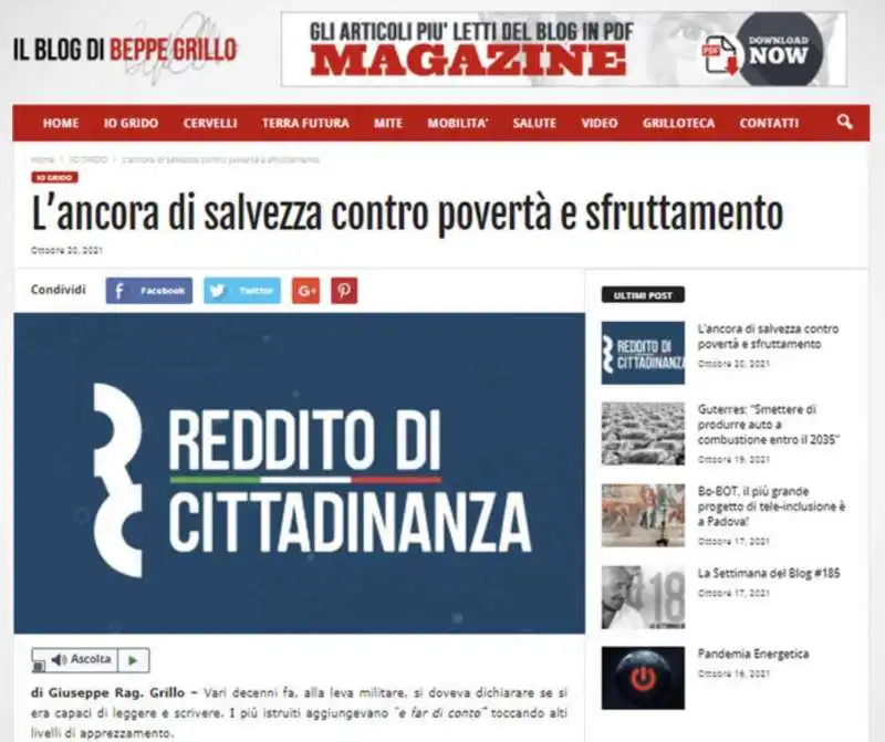 IL POST DI BEPPE GRILLO SUL REDDITO DI CITTADINANZA