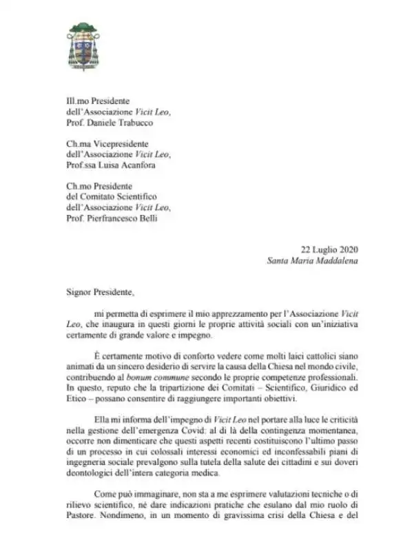 LETTERA DEL CARDINALE VIGANO ALL ASSOCIAZIONE VICIT LEO