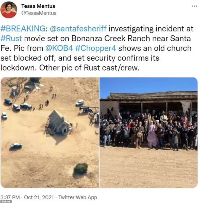 sparatoria sul set di rust   tweet