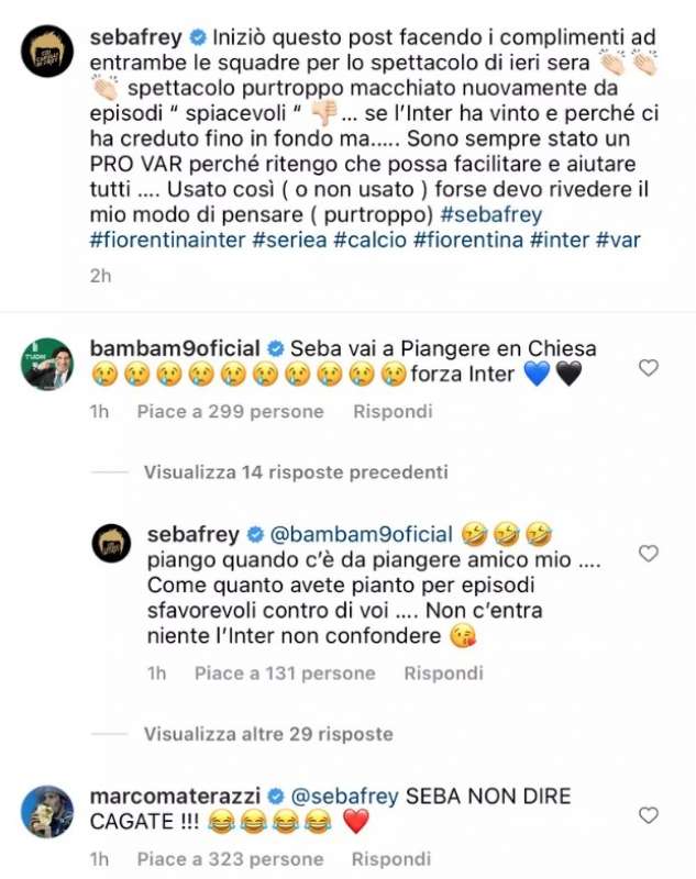 i commenti di materazzi e zamorano sotto il post di sebastien frey