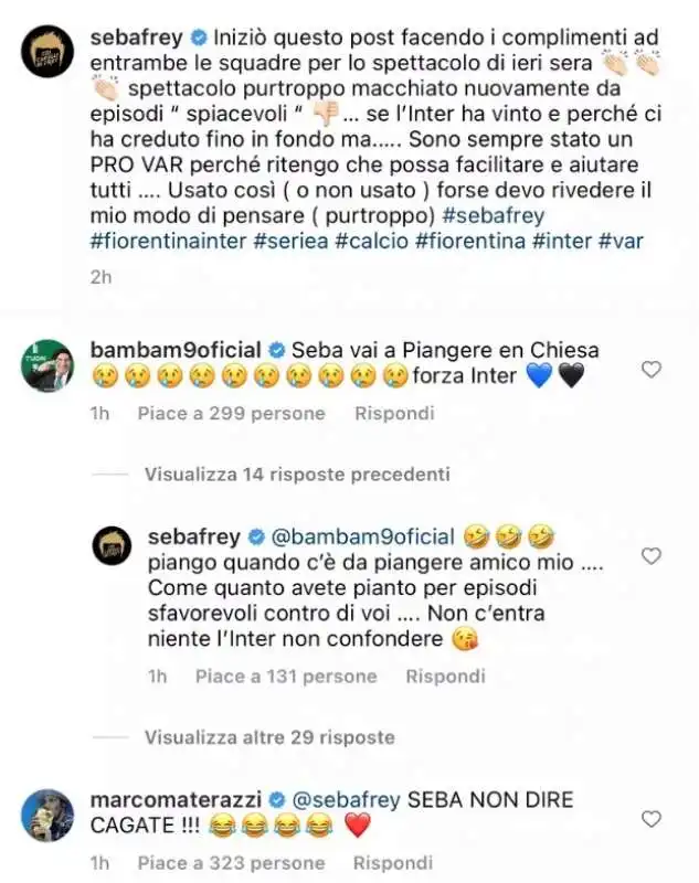 i commenti di materazzi e zamorano sotto il post di sebastien frey 