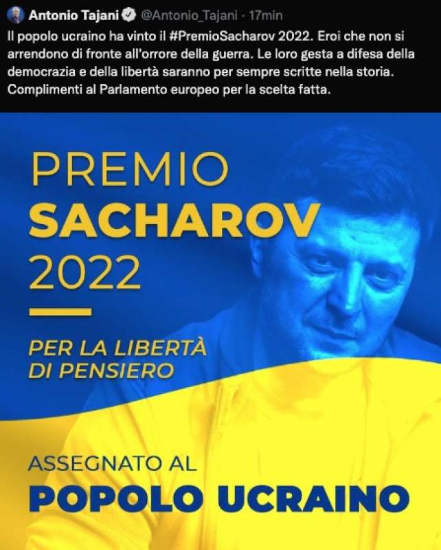 IL TWEET DI TAJANI SUL PREMIO SACHAROV AL POPOLO UCRAINO E A ZELENSKY