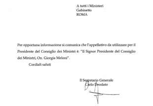 LA CIRCOLARE DI CARLO DEODATO AI MINISTERI SULL'APPELLATIVO IL SIGNOR PRESIDENTE DEL CONSIGLIO GIORGIA MELONI