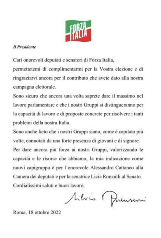 RONZULLI E CATTANEO CAPIGRUPPO - LA LETTERA DI BERLUSCONI