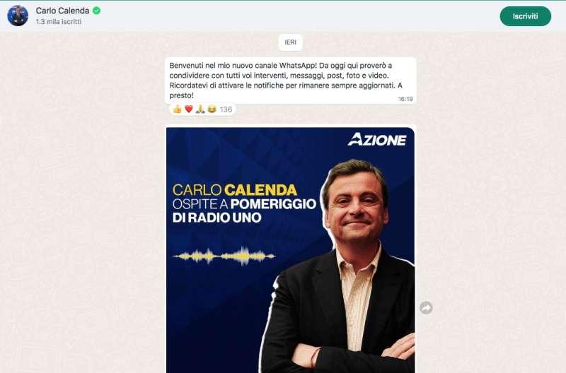 carlo calenda - canale whatsapp