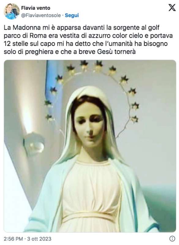 FLAVIA VENTO - TWEET SULL APPARIZIONE DELLA MADONNA