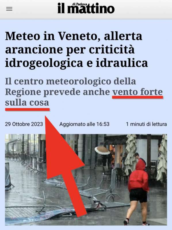 il mattino di padova, vento forte sulla cosa