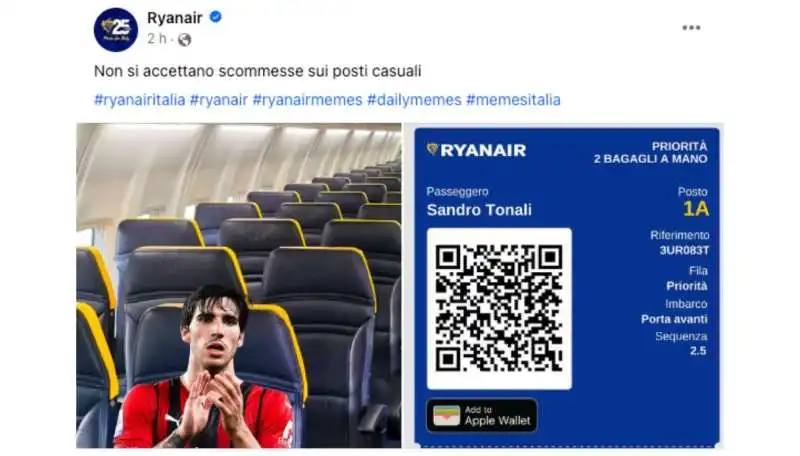 IL TWEET DI RYANAIR SU SANDRO TONALI