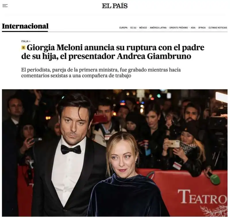 la notizia della separazione di giorgia meloni e andrea giambruno  su el pais 