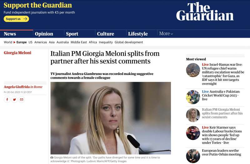 la notizia della separazione di giorgia meloni e andrea giambruno sul GUARDIAN